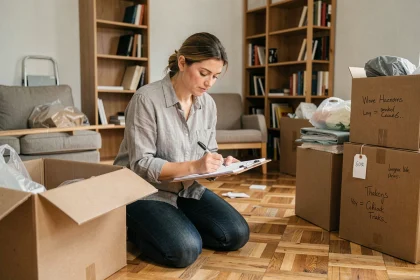 Femme préparant un inventaire écrit sur un presse-papiers au milieu de cartons de déménagement dans un appartement