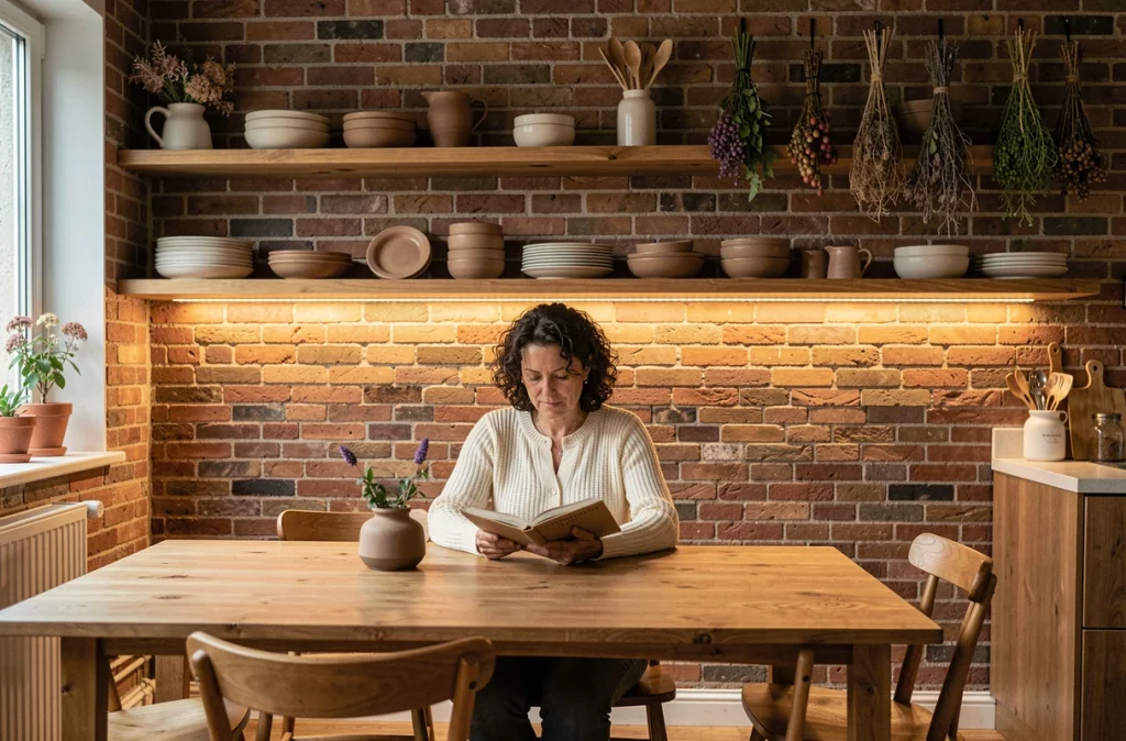 Femme lisant à table sous un éclairage indirect LED intégré dans une étagère flottante en cuisine-salle à manger