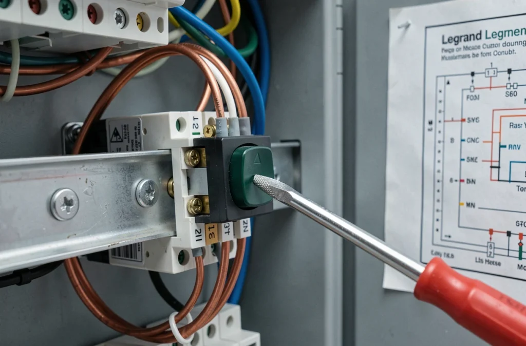 Gros plan du raccordement des fils sur un bouton poussoir Legrand dans un coffret électrique avec borniers