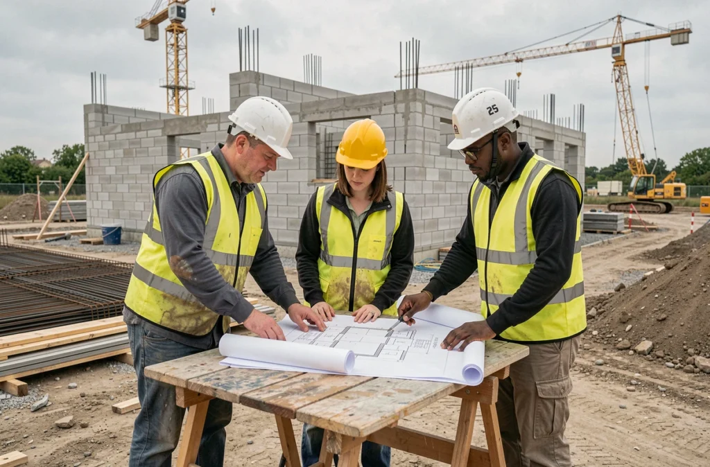 Équipe polyvalente du Groupe Da Silva sur un chantier de maçonnerie en Centre-Val de Loire consultant des plans de construction