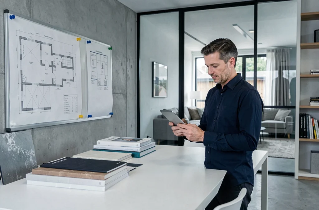 Bureau professionnel ID Intérieurs à Vannes avec plans d'architecture et échantillons de matériaux