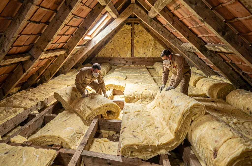 Deux ouvriers déroulant des rouleaux de laine de verre dans les combles d'une maison pour réaliser une isolation thermique des planchers de toiture