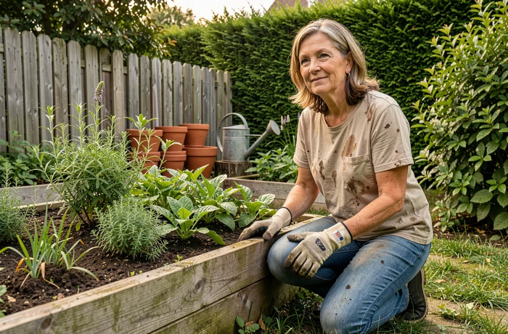 Femme jardinant dans un potager surélevé en bois entouré de plantes aromatiques et de légumes dans un jardin de maison