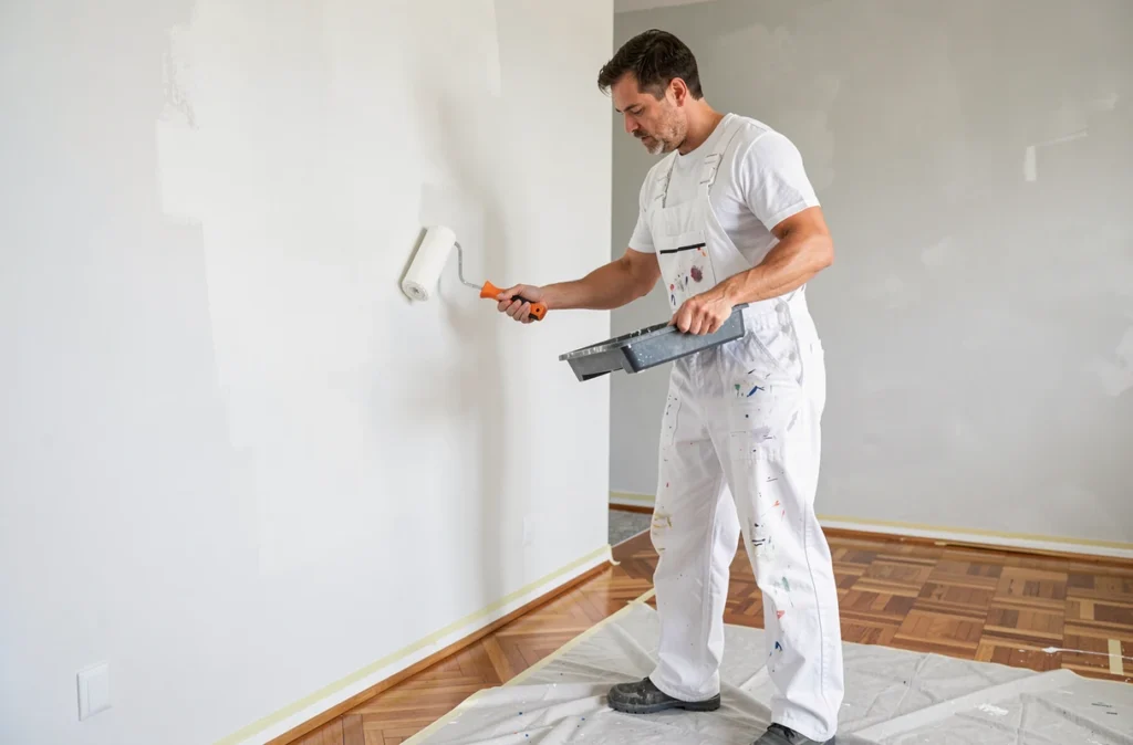 Peintre de l'EURL JCP Couleur appliquant une peinture blanche sur un mur fraîchement plâtré dans une pièce en cours de rénovation