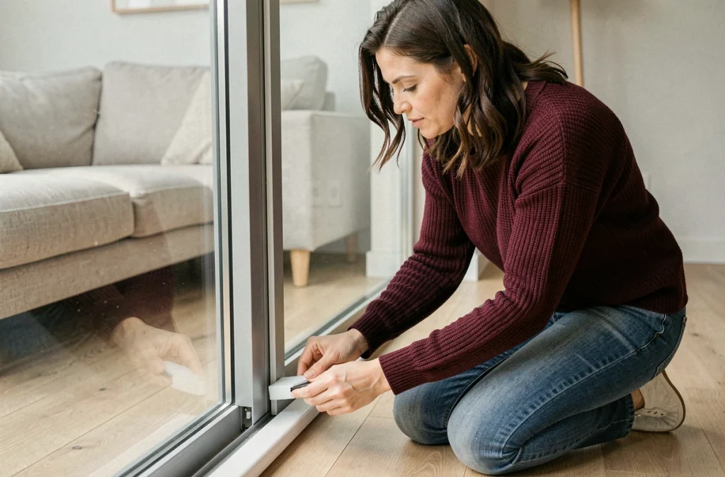 Femme appliquant un joint mousse isolant sur le cadre d'une baie vitrée pour améliorer l'étanchéité à l'air et le confort thermique de son appartement