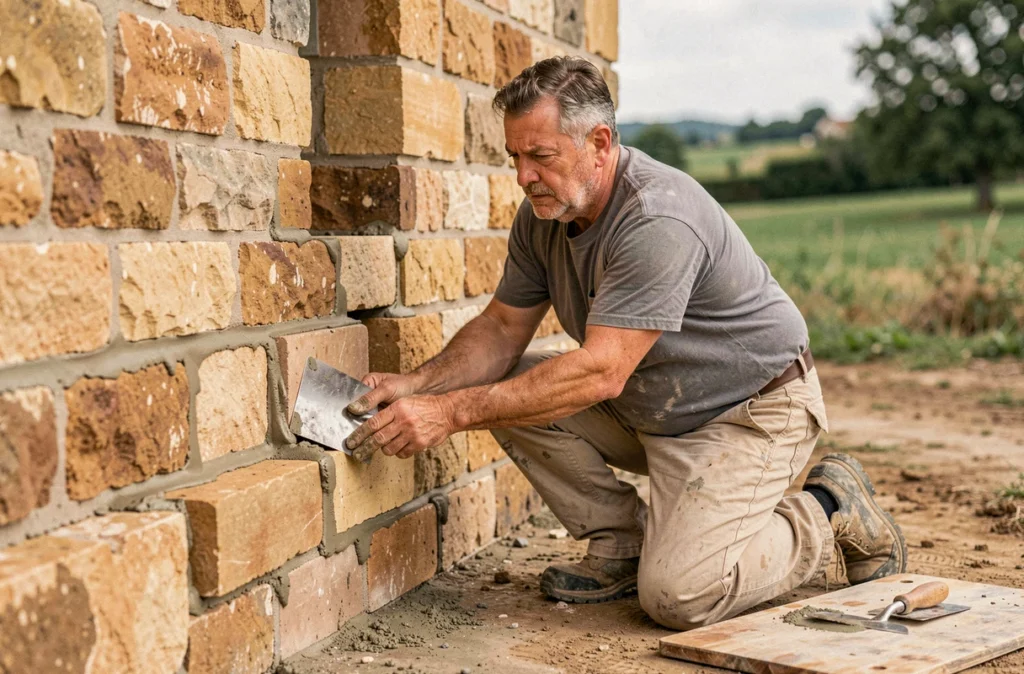 Maçon de SARL JP Vérines posant des blocs de pierre avec du mortier sur la façade d'une maison ancienne en Tarn-et-Garonne