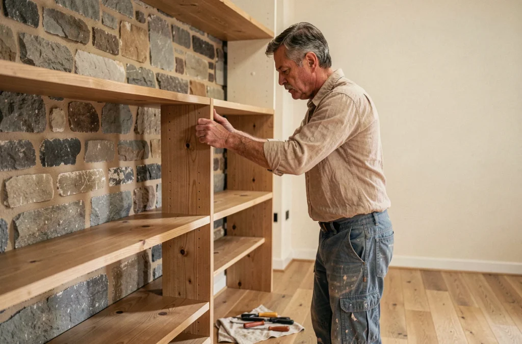Artisan Laurent Bouffies installant des étagères en bois sur mesure dans une pièce rénovée avec murs en pierre et parquet en chêne