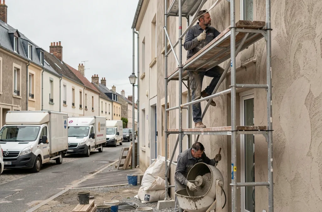 Ouvriers de Linte J SARL appliquant un enduit de façade sur un bâtiment commercial en Indre-et-Loire depuis un échafaudage