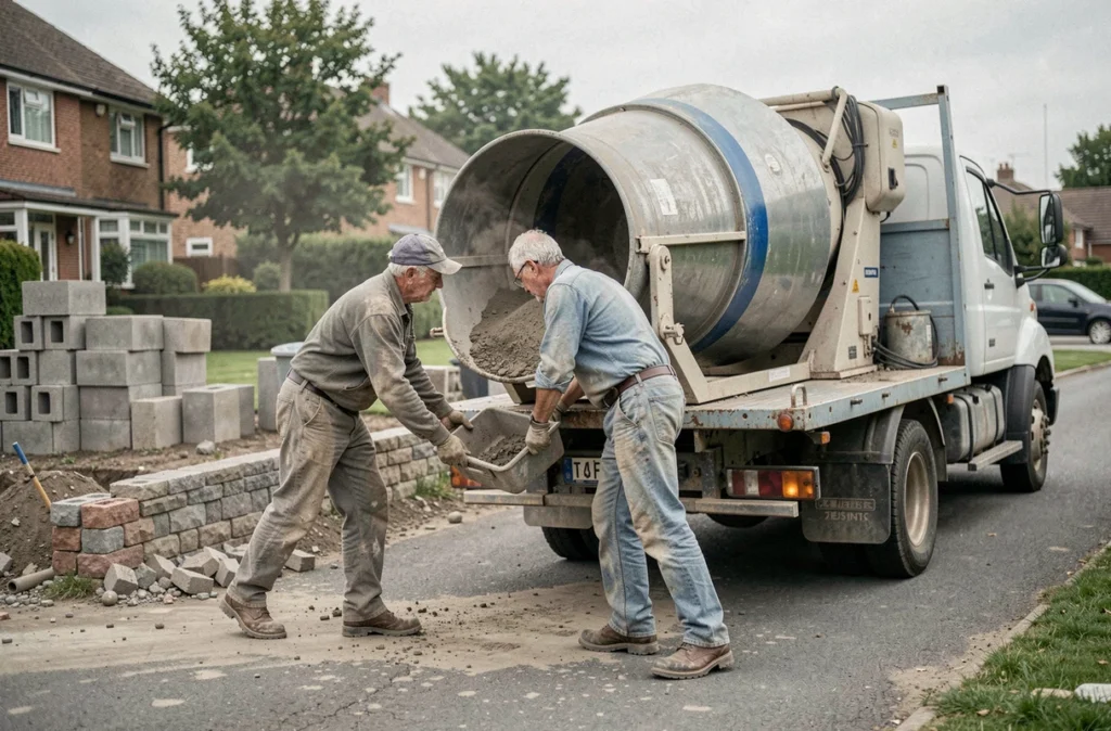 Deux ouvriers déchargeant une bétonnière louée d'un camion de livraison sur un chantier résidentiel