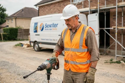 Ouvrier inspectant un marteau-piqueur loué sur un chantier de rénovation urbaine
