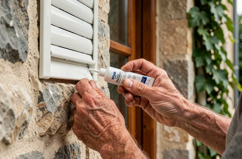 Mains appliquant du lubrifiant silicone sur les glissières d'un volet roulant en PVC sur facade en pierre
