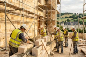 Équipe de maçons travaillant sur une façade en pierre traditionnelle en Centre-Val de Loire avec échafaudage et paysage rural en arrière-plan