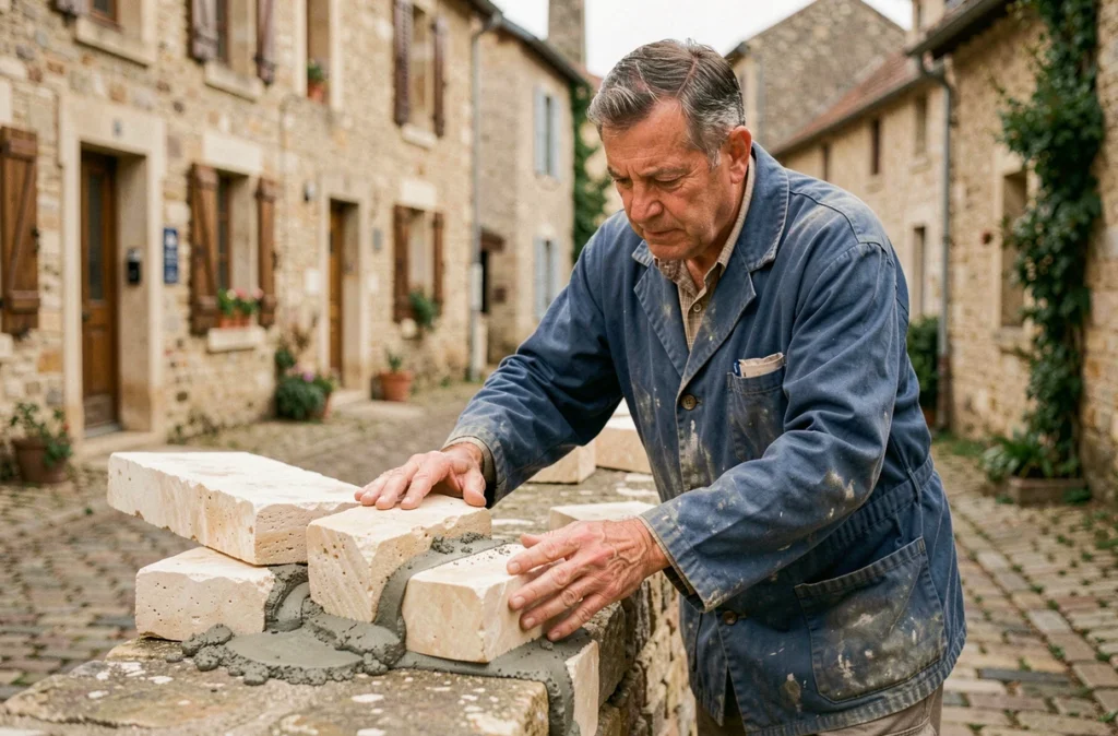 Maçon des Maçons Descartois posant des pierres de tuffeau de manière traditionnelle dans un village du sud Touraine
