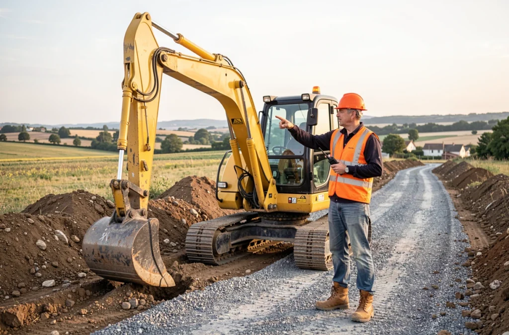 Opérateur de Magne TP supervisant un chantier de travaux publics et de rénovation avec une pelle hydraulique en Tarn-et-Garonne