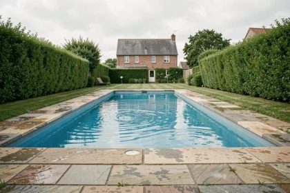 Vue grand angle d'une piscine résidentielle rectangulaire avec eau cristalline dans un jardin du Pas-de-Calais