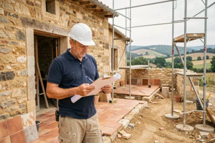 Vue d'ensemble d'un chantier de rénovation en Tarn-et-Garonne avec un artisan consultant des plans devant une maison de pierre en cours de rénovation