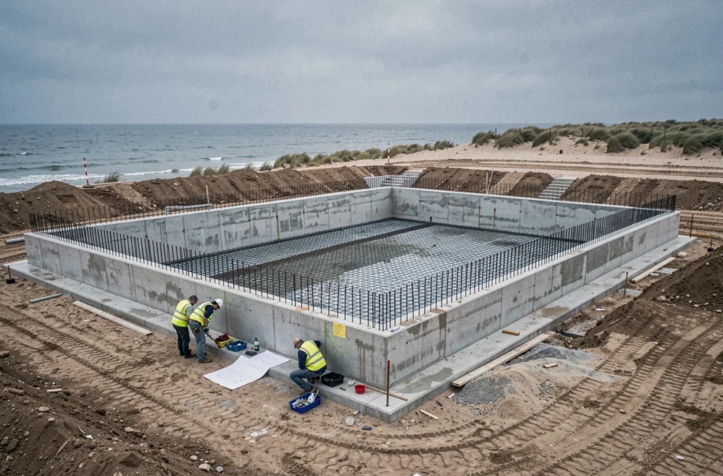 Chantier de construction de piscine par Mondial Piscine Boulogne-sur-Mer avec structure en béton armé