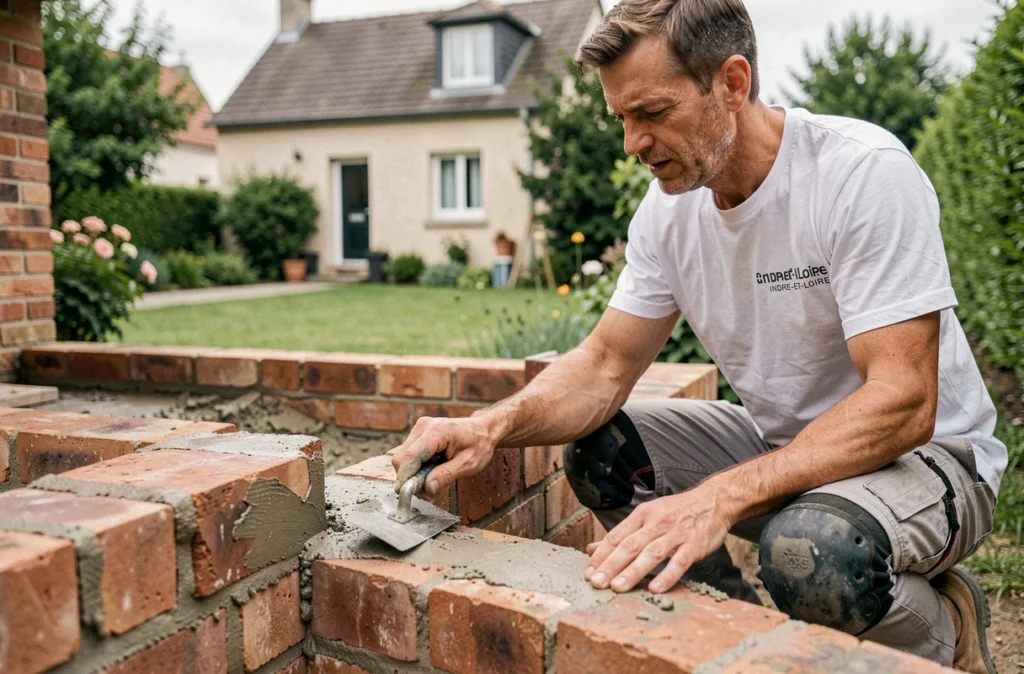 Artisan maçon Nicolas Koch posant des briques avec soin sur un chantier d'extension résidentielle en Indre-et-Loire