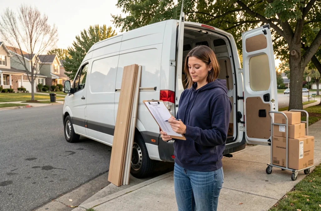 Femme consultant une liste de chargement devant un camion utilitaire en rue résidentielle