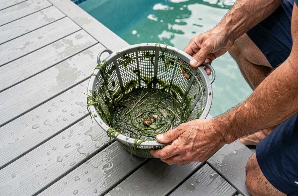 Panier de skimmer de piscine rempli d'algues vertes retiré pour nettoyage