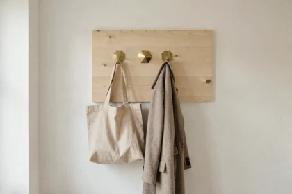 Patère murale design minimaliste en laiton brossé sur panneau de bois clair dans une entrée scandinave