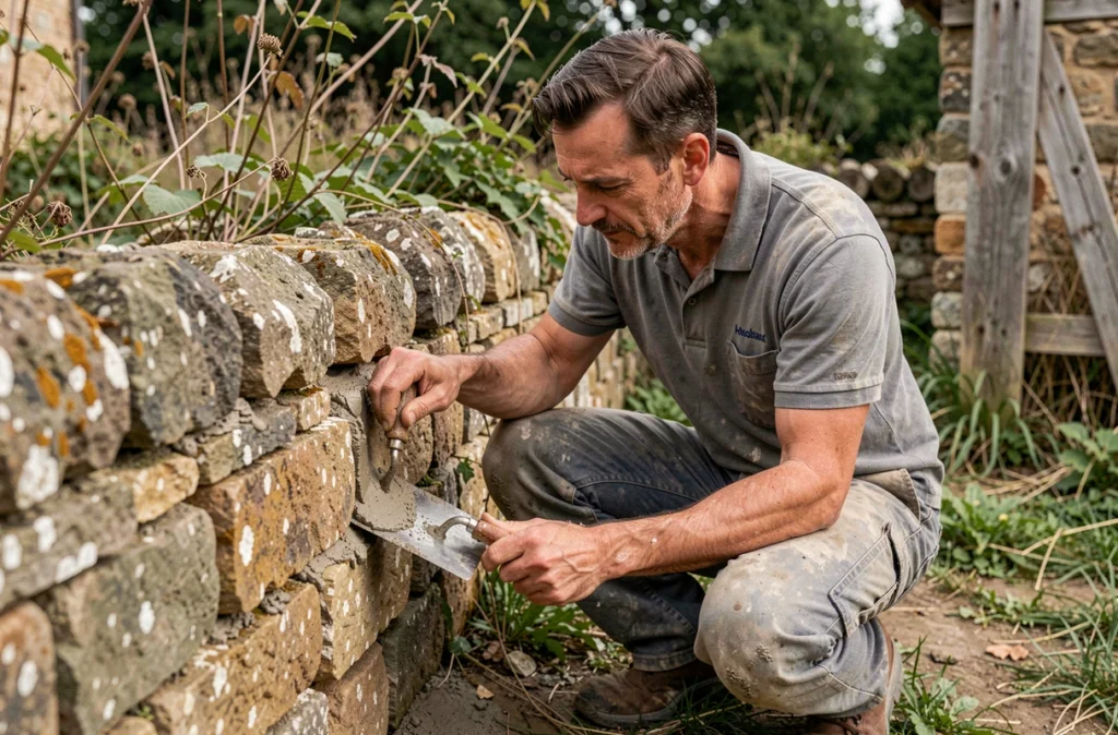 Maçon spécialisé en rénovation pierre travaillant sur une ancienne bâtisse en Eure-et-Loir pour Perche Restauration