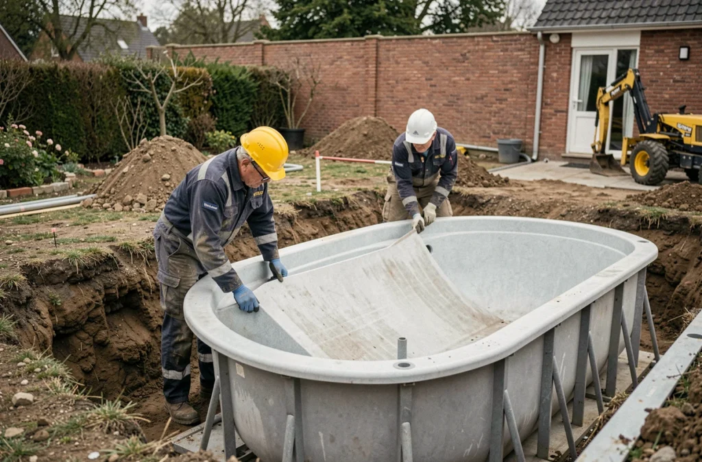 Ouvriers de Piscine Ranson installant une coque en fibre de verre dans un jardin du Pas-de-Calais