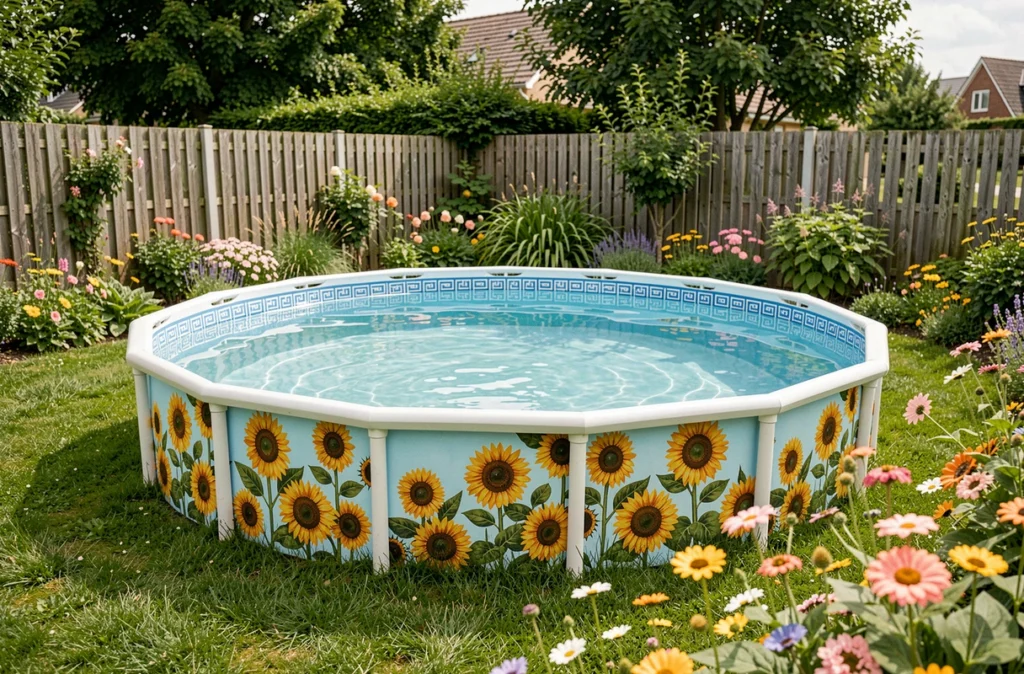 Piscine hors-sol ronde Piscine Tournesol installée dans un jardin familial du nord de la France