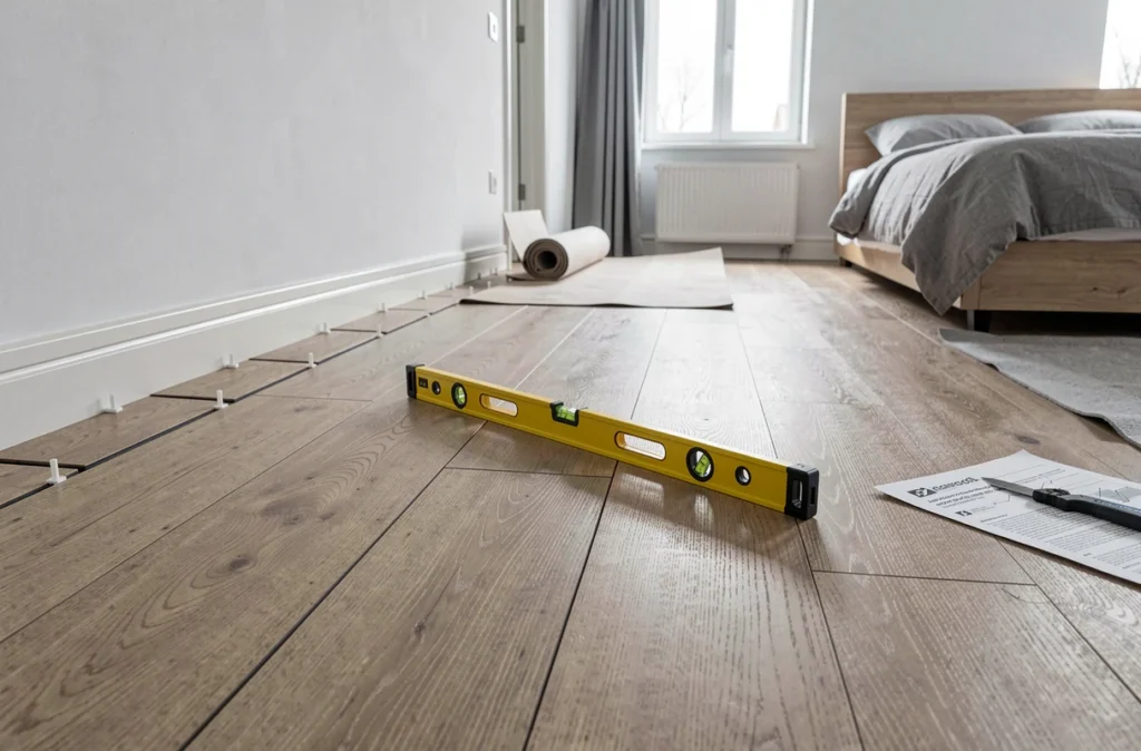 Plancher aggloméré posé avec espaceurs et niveau à bulle dans une chambre de style scandinave