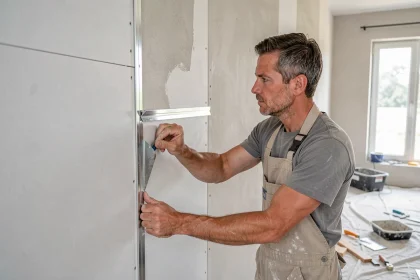 Artisan du bâtiment posant une bande armée placo sur un angle sortant de cloison en plâtre lors d'une rénovation intérieure