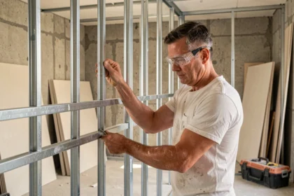 Ouvrier en train de visser des plaques de plâtre sur une ossature métallique lors de la pose d'une cloison Placo dans un appartement en rénovation