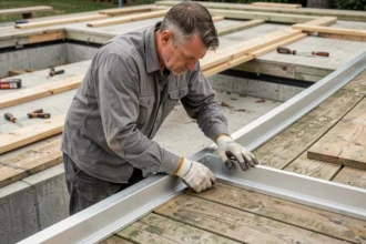Pose d'une cornière en aluminium sur le bord d'une terrasse en bois par un professionnel