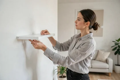 Femme installant une étagère murale adhésive sans perçage sur un mur blanc dans un salon moderne