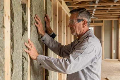 Artisan posant des panneaux de laine minérale entre les montants d'un mur en cours de rénovation pour optimiser l'isolation thermique d'un logement