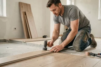 Poseur de plancher en aggloméré alignant les lames avec un maillet en caoutchouc dans un salon en rénovation