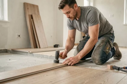 Poseur de plancher en aggloméré alignant les lames avec un maillet en caoutchouc dans un salon en rénovation