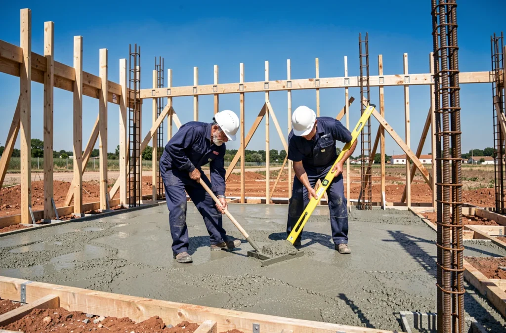 Deux ouvriers de Pozza et Fils coulant et nivelant une dalle en béton sur un chantier de bâtiment en Tarn-et-Garonne