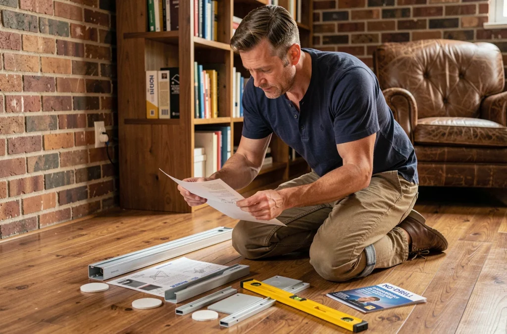 Homme préparant l'installation d'étagères sans perçage avec les outils et instructions sur le sol