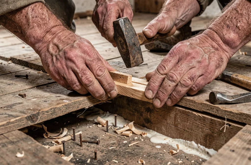 Gros plan sur des mains posant une cale en bois pour réparer une lame de plancher ancien soulevée avec un maillet et un pied-de-biche