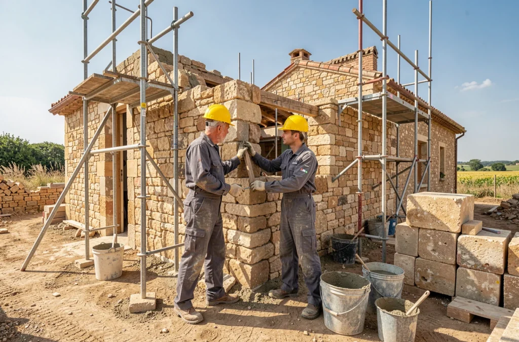 Deux artisans de l'entreprise Salles et Fils examinant un mur en pierre sur un chantier de construction et rénovation en Tarn-et-Garonne
