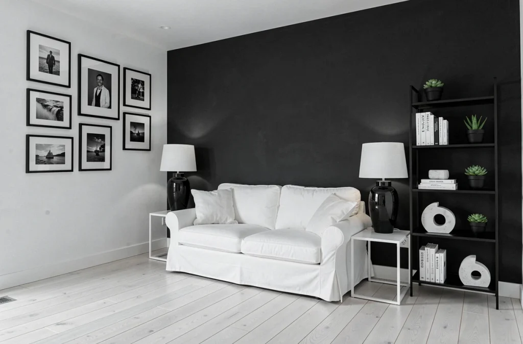 Salon moderne en noir et blanc avec mur d'accent anthracite mat, canapé blanc, galerie de tableaux encadrés noirs et étagère en métal noir