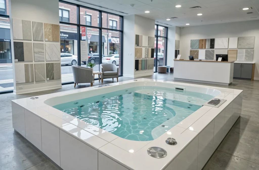 Showroom intérieur de Sunspa Opale Piscines avec un espace piscine et spa en exposition