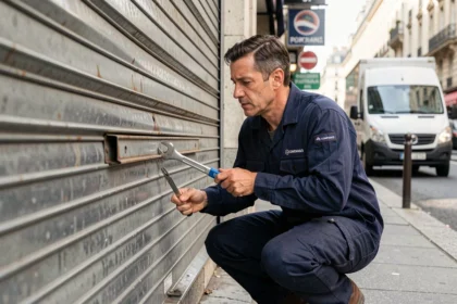Technicien en intervention sur un rideau métallique bloqué devant une boutique professionnelle en ville