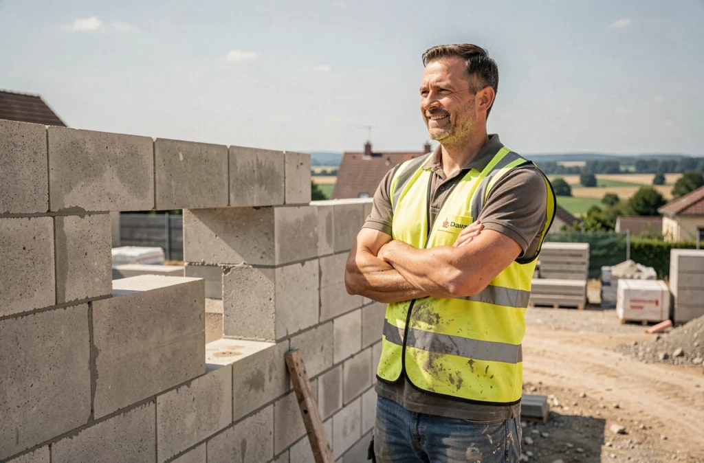 Maçon général de Thibault Gianni SARL inspectant un mur en parpaing nouvellement construit sur un chantier en Indre-et-Loire