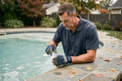 Homme ajoutant des produits chimiques hivernants dans une piscine en automne, étape clé de l'hivernage