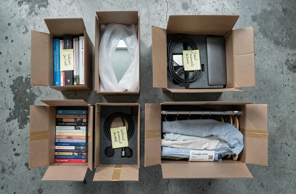 Vue aérienne de différents types de cartons de déménagement adaptés à chaque catégorie d'objets