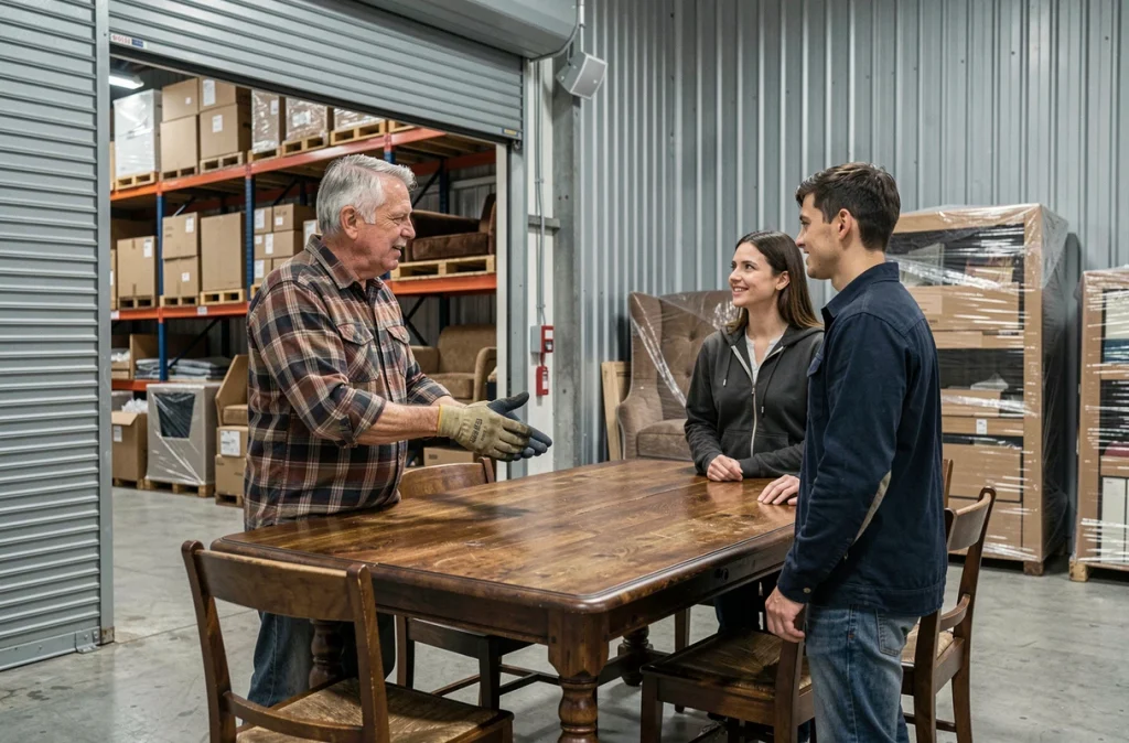 Homme vendant une table de salle à manger vintage à un jeune couple dans un garde-meuble lors d'un déménagement
