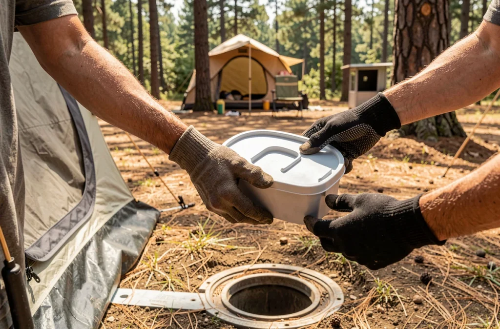 Vidange d'une cassette de toilette chimique à une borne de camping